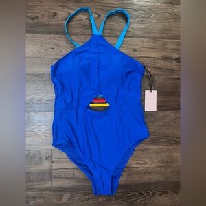 Juicy Couture Womens Swim Suit XL One Piece Beach Bright Blue High Neck Rainbow